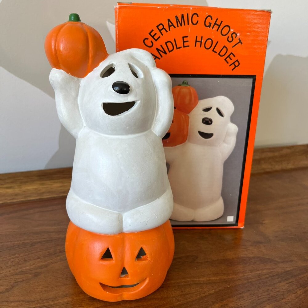Vintage Ceramic Halloween Ghost & Pumpkin Tea Light Candle Holder Jack-O-Lantern